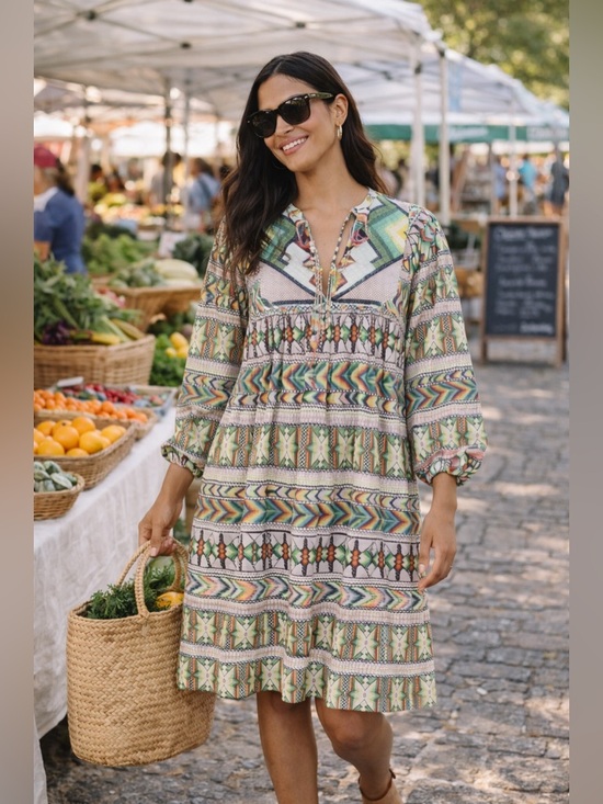 FARM Rio Dresses & Skirts - Farm Rio “Amulet” Vibrant Tribal Oversized Long Sleeve Dress - Small